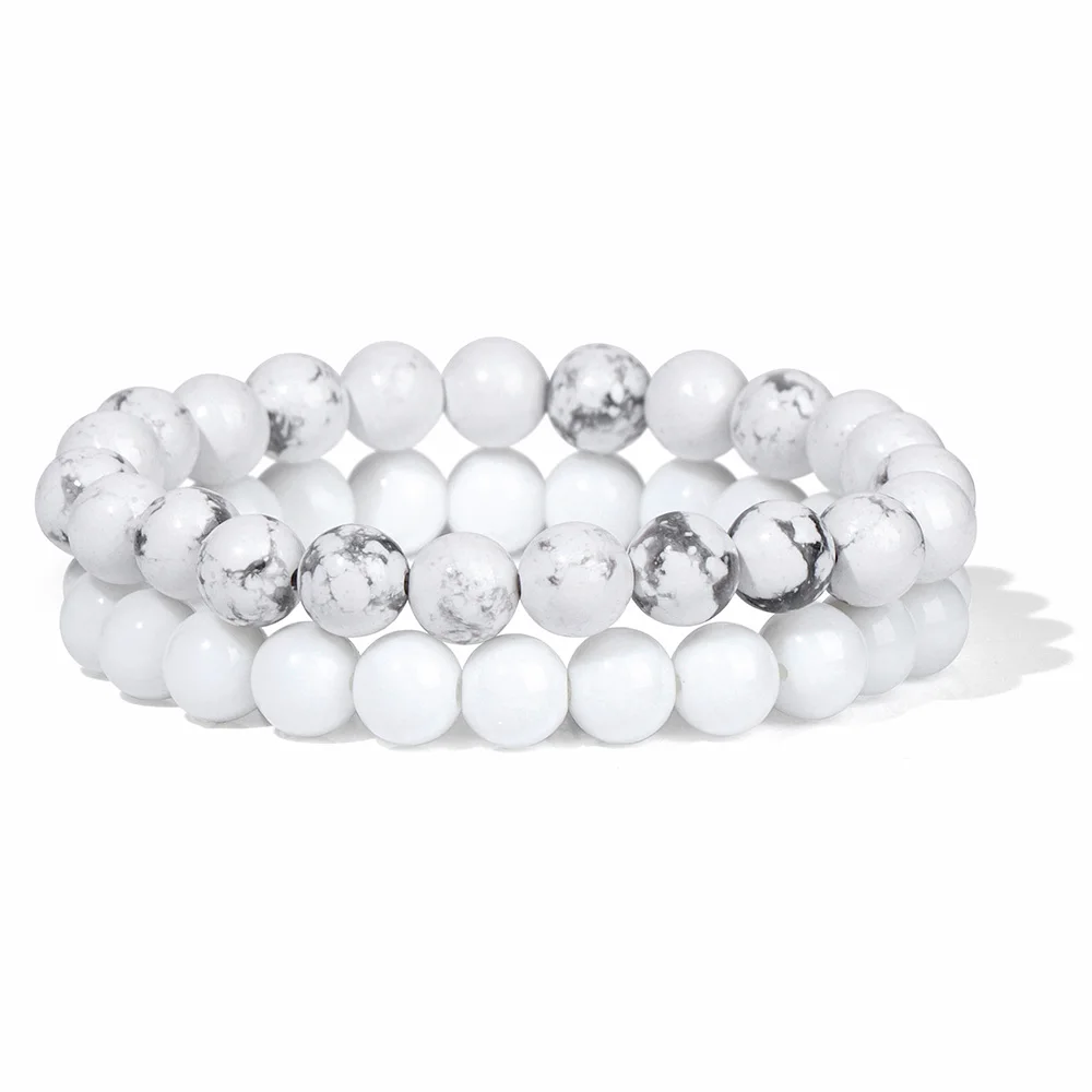 2Pcs 8mm Natural Stone Beads Bracelet For Women Men White Howlite Turquoise Lava Rock Black Onyx White Crystal Elastic Bracelet