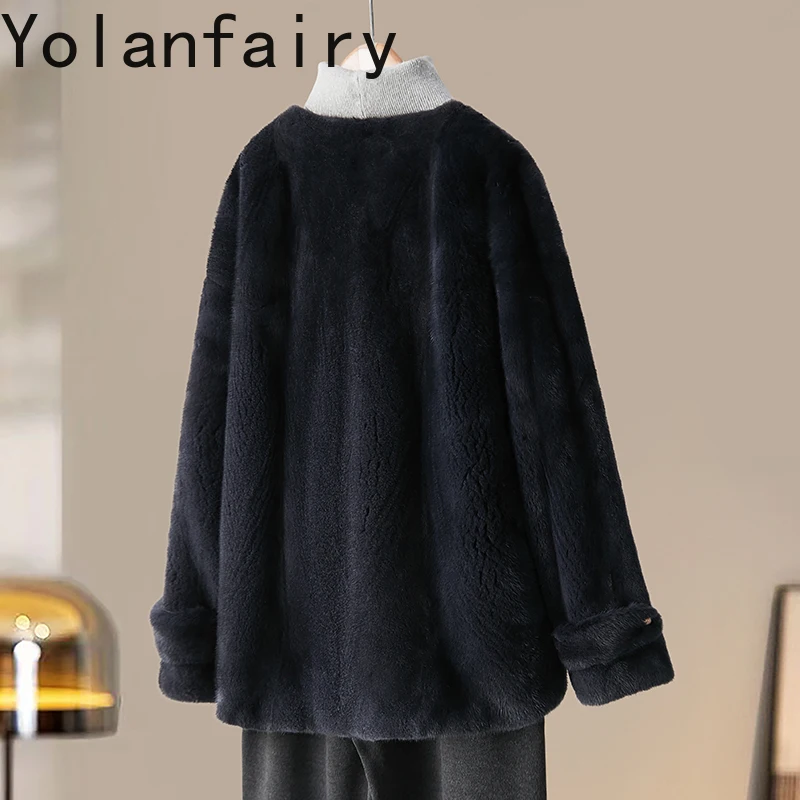 YOLANFAIRY Jesienno-Zimowe Kurtki z Naturalnego Futra Norki dla Kobiet, Luźny Krój, Okrągły Dekolt, Modne Okrycia Wierzchnie z Naturalnego Futra, Płaszcze Futrzane 2025