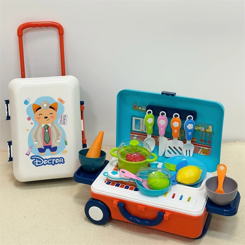 مجموعة ألعاب Happy Little Chef & Craftsman - حقيبة عربة وجبة أدوات المطبخ للطبيب/مجموعات المكياج وألعاب الألغاز مثالية لمنزل لعب الأطفال