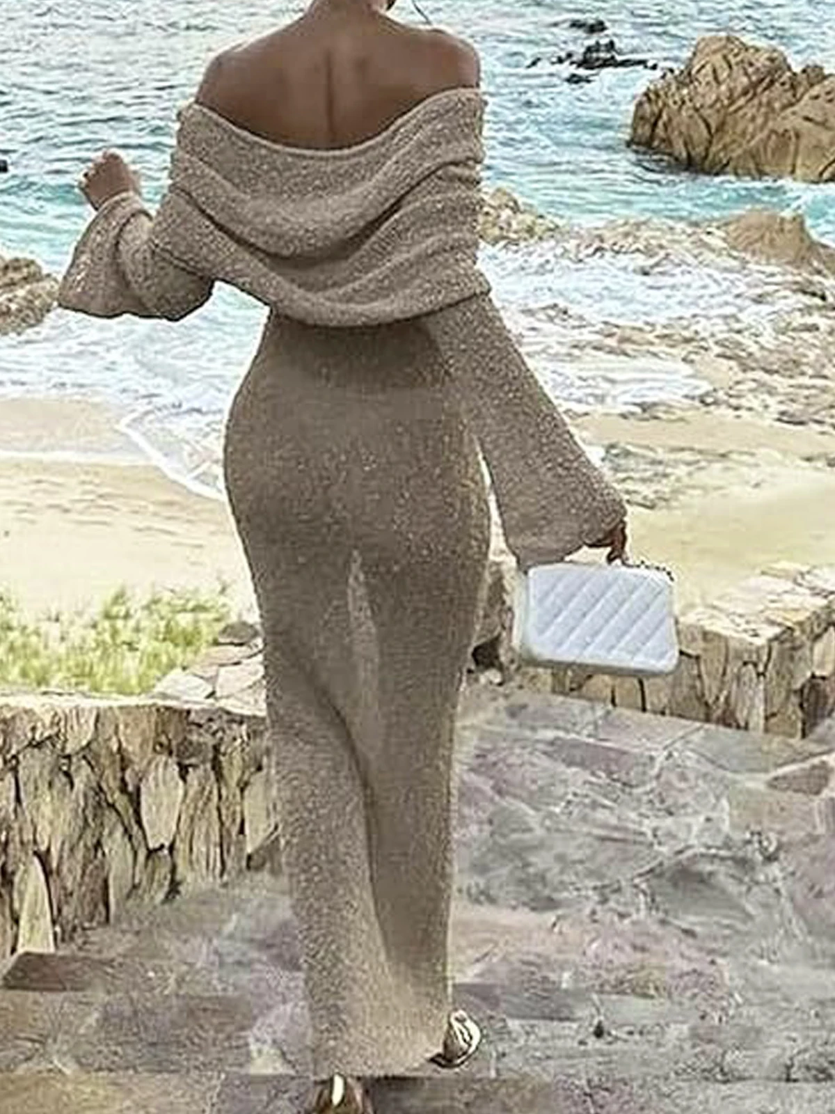 Sexy gebreide jurk met één schouder en uitgehold ontwerp, elegante, nauwsluitende strandvakantie, zwembadfeest met lange mouwen