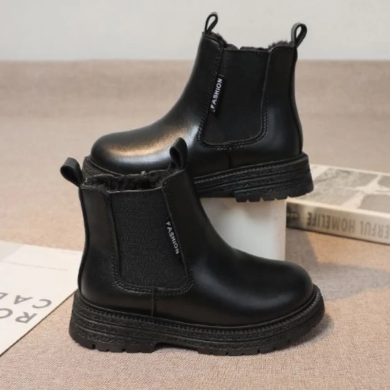 

Autumn Winter Kids Fashion Boots for Girls Black Leather Children's Winter Shoes with Warmth Short Boots