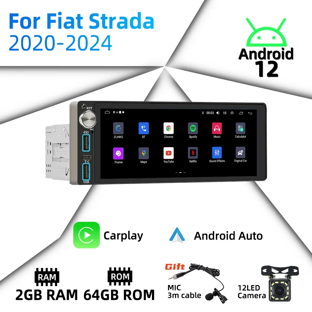 

6,86 "экран Android автомобильный мультимедиа для Fiat Strada 2020-2024 1 Din радио стерео головное устройство авторадио Carplay Android Auto GPS BT