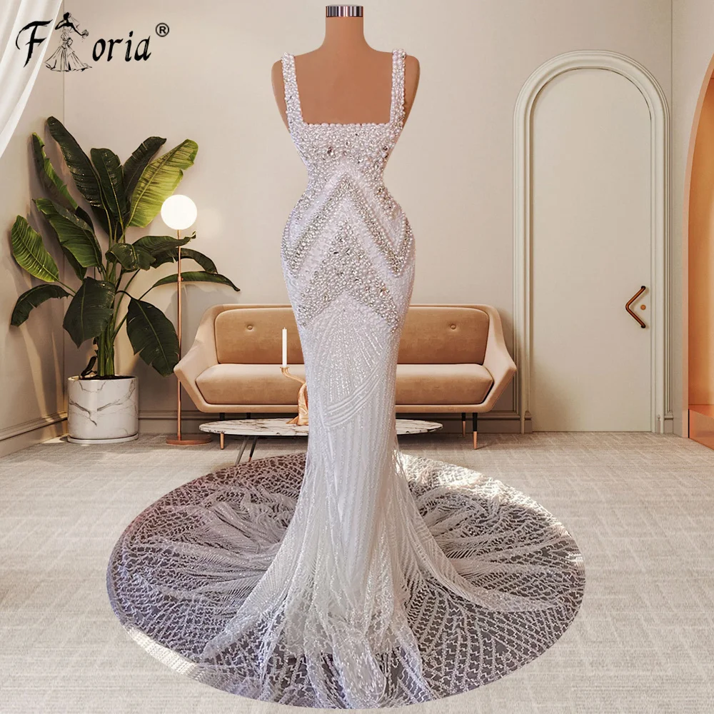 Prachtige Parel Crystal Kralen Mermaid Avondjurk Wit Spagheti Strap Wedding Partij Jassen Celebrity Jurken Vestidos De Noche