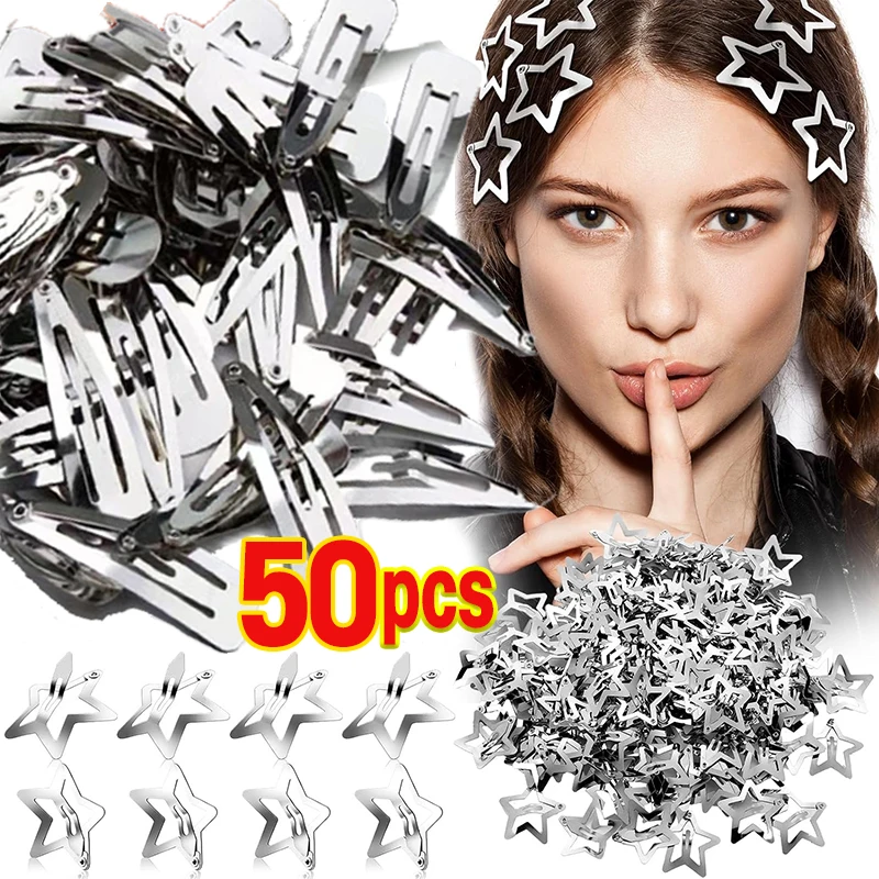 2/50pcs Y2K Silver Star Hair Clips for Girls Filigree Star Metal Snap Clip Hairpins Barrettes Hair Jewelry Nickle Free Bobby Pin