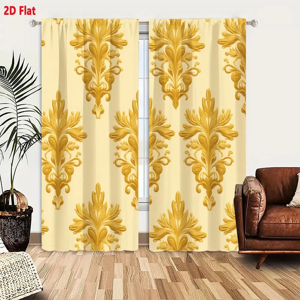 2Pcs Curtains 2D Flat Seamless Damask Pattern With Ornate Golden Motifs On Pale Cream Background Window Drapes for Bedroom Room