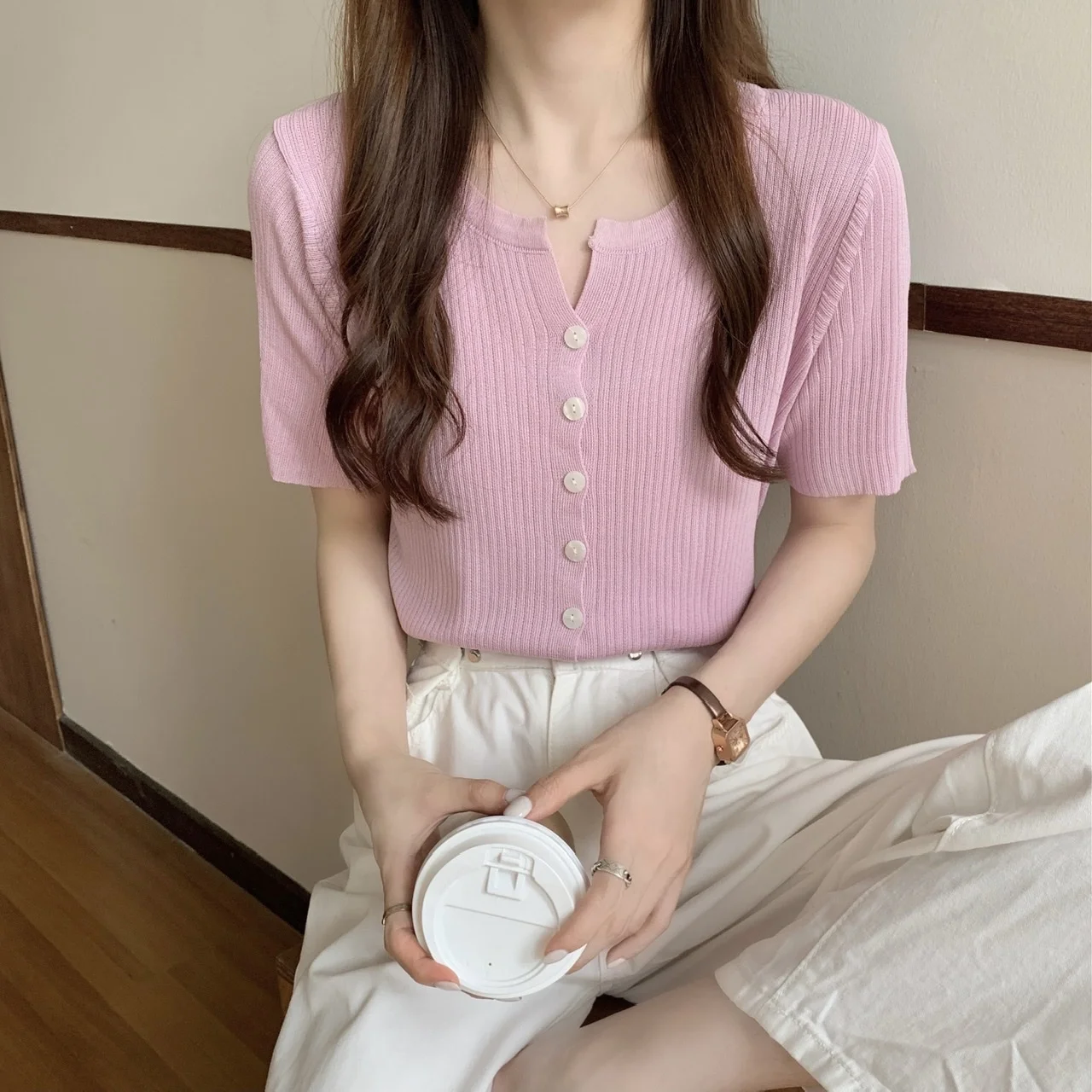 Short Sleeve Button Front Ribbed Cardigan Women Summer Knitted Top Black White Purple Pink Blue Thin Sweater