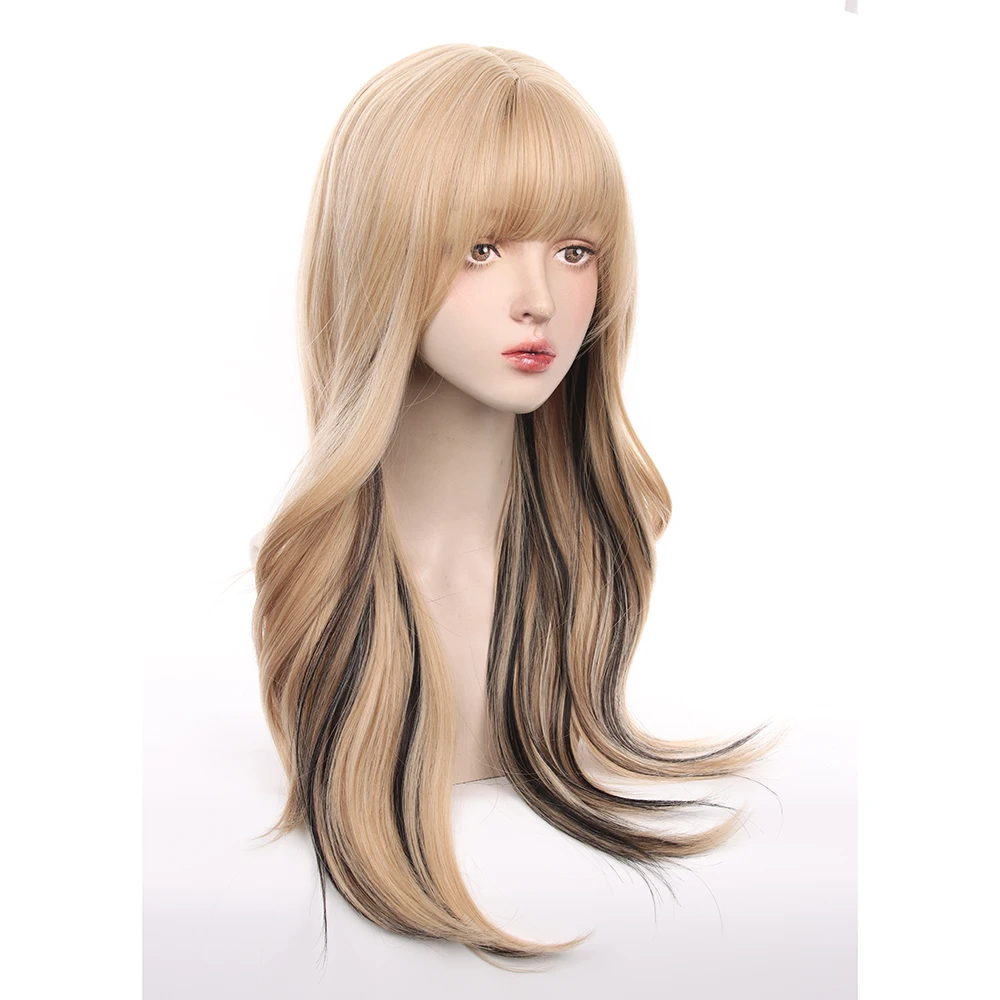 باروكة صناعية مقاومة للحرارة للنساء، طويلة مموجة، أشقر مختلط، نمط أسود مناسب للحفلات التنكرية والملابس اليومية