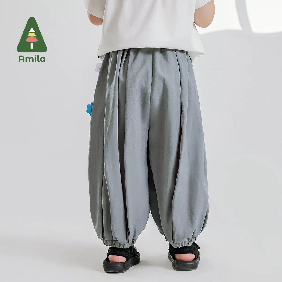 Amila 2024 Summer New Boys Bottom Loose Cinch Pants Cool Breathable Comfortable Solid Color Pants 0-6Y