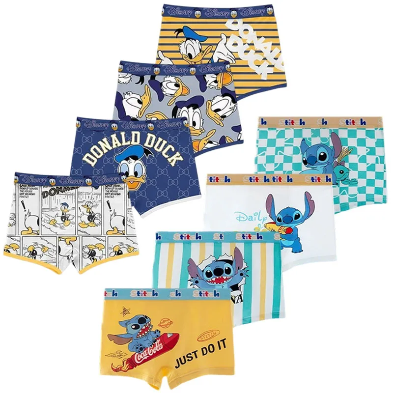 4 Pcs/Lot Boys Underwear Cartoon Character Donald Duck Stitch Print Milk Silk Boxer Trunks Soft Breathable Boys Boxers Shorts