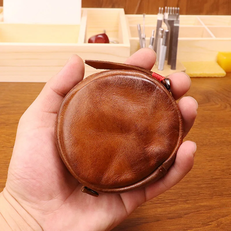 Porte-monnaie en cuir de vache véritable rétro fabriqué à la main rond vieilli sac de monnaie de changement personnalisé pour les femmes marron petit étui pour écouteurs