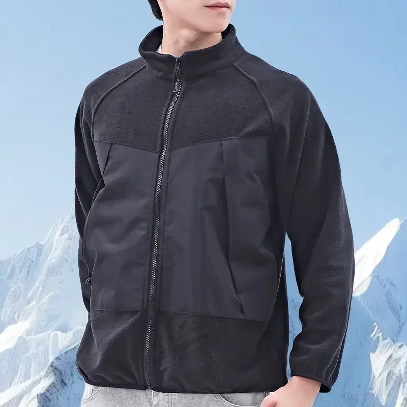 

​ Мужская спортивная стеганая флисовая куртка с подкладкой на открытом воздухе, утепленное повседневное теплое осенне-зимнее однотонное пальто ​