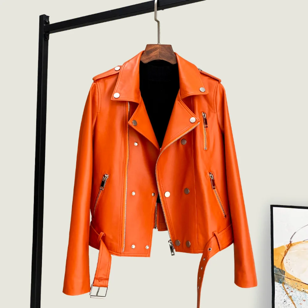 2025, Herbst Neue Echtes Leder Jacke Für Frauen Modische Vielseitige Kurze Biker Slim Fit Schaffell Motor Mantel,