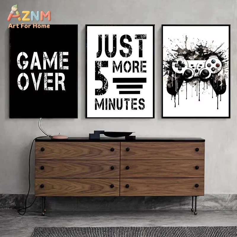 Black White Game Controller Wall Art Posters and Prints Canvas Paintings Mural Pictures for Playroom Decor Gaming Players Gift