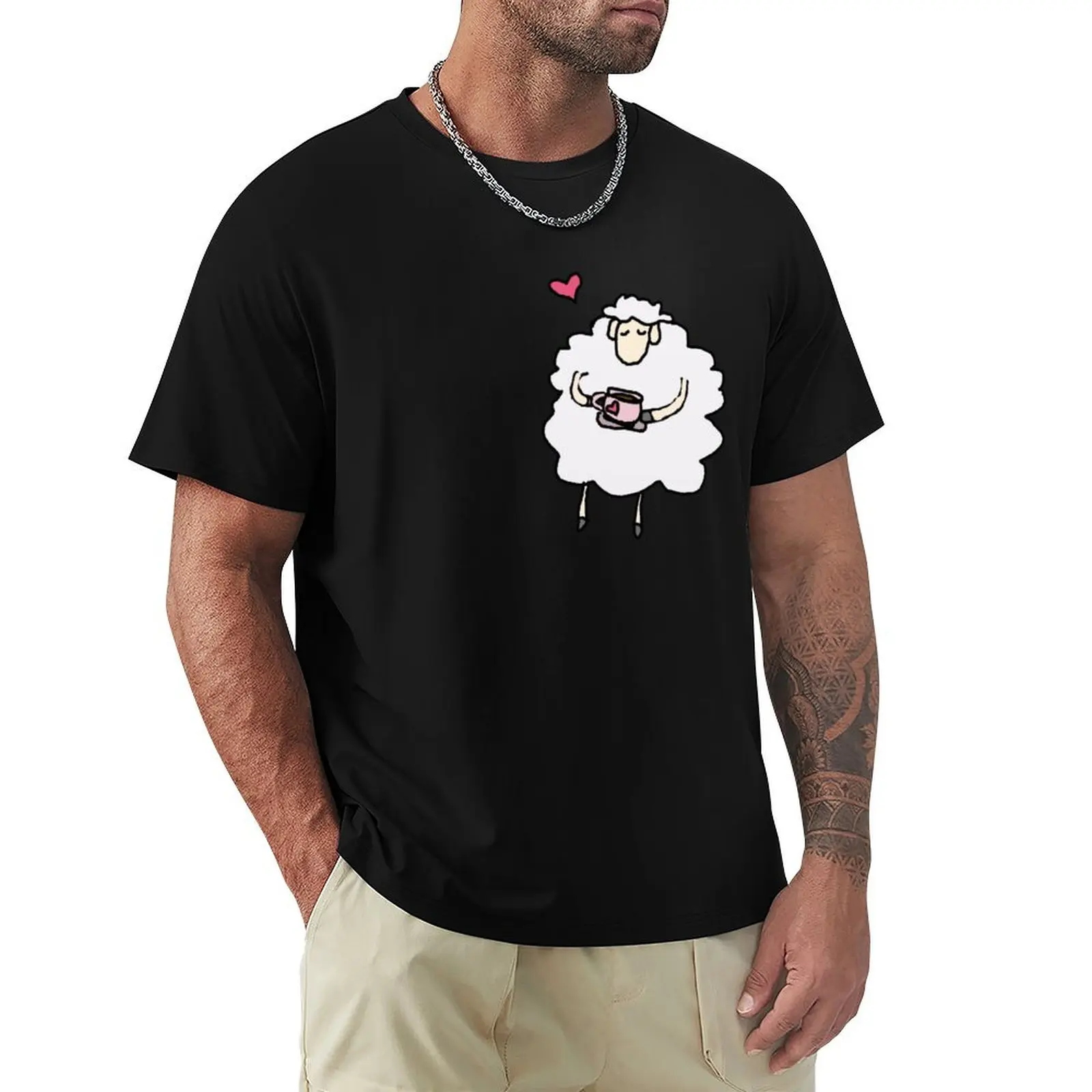 Sleepy sheep holding a cup of coffee T-Shirt Daily Wear Plain Short Sleeve Shirt
