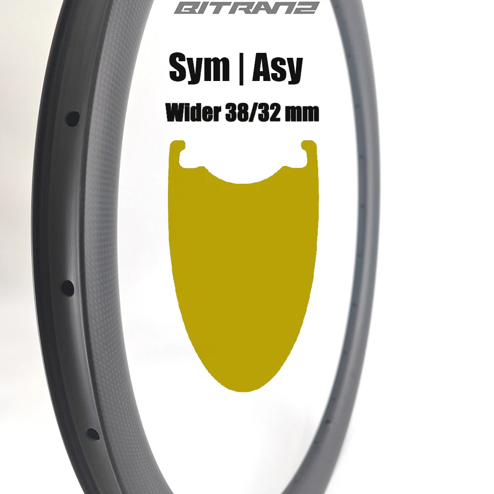 Roue de vélo de route 700C 38mm 32mm de largeur, disque asymétrique, jante en carbone gravier 32/35/39/40/45/50/55/60mm, crochet Tubeless sans crochet