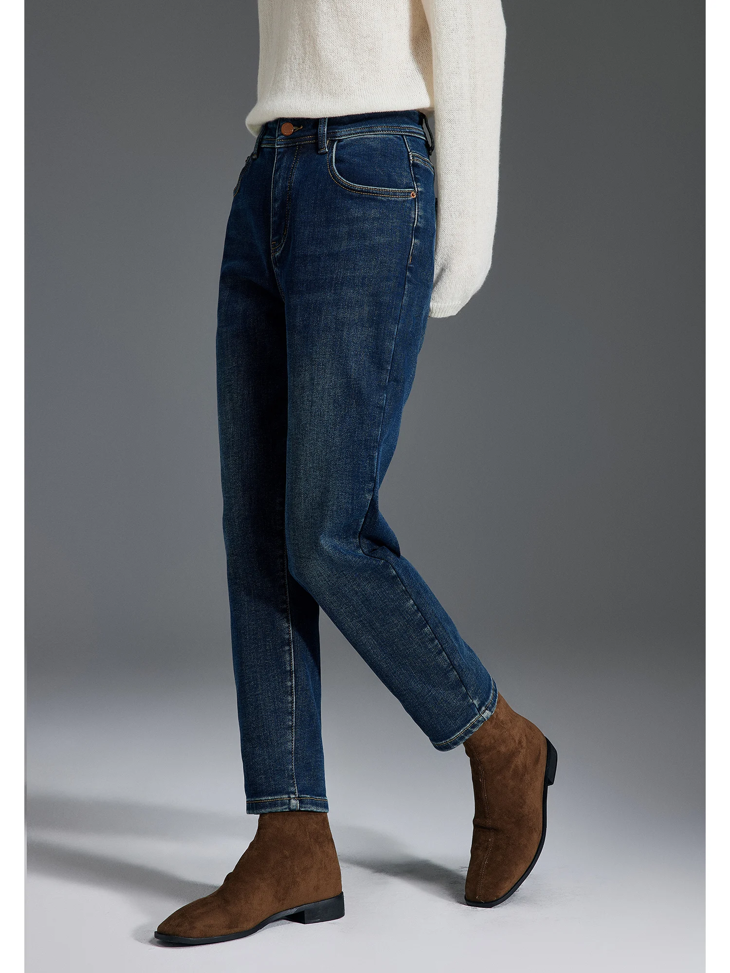 

Washed Vintage Thickened Australian Fleece Warm Autumn Winter Straight Leg Jeans Long Slim Dad Pants Women's Fashion