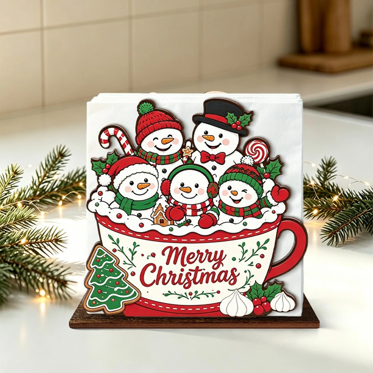 Christmas Wooden Napkin Holder Cute Snowman Family Cup Pattern Tissue Holder Xmas Tabletop Serviette Storage Rack Holiday Decor