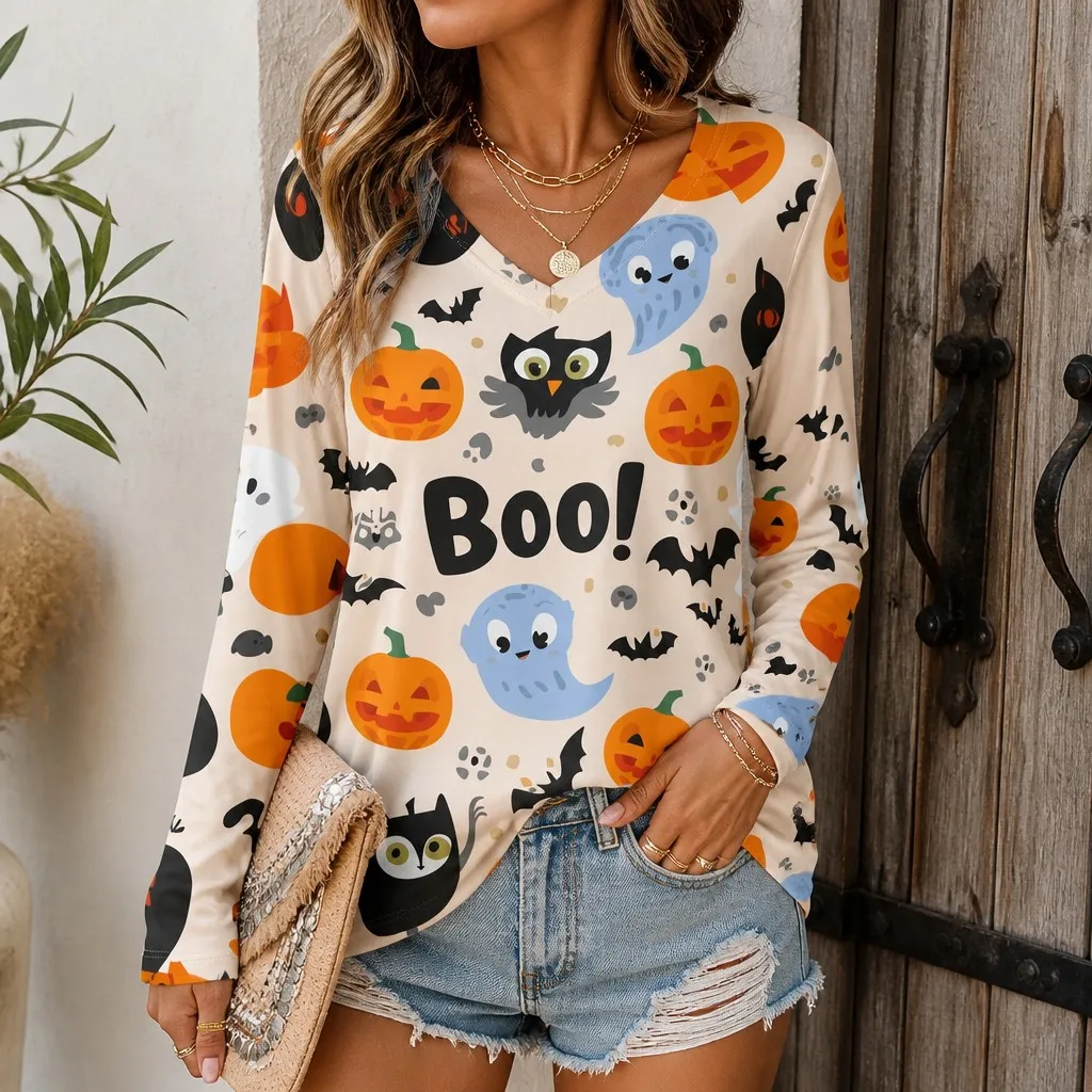 Autumn Halloween Pumpkin Head Fun and Funny Printed Women's V-neck Long Sleeve T-shirt Women's Casual Top Street Style