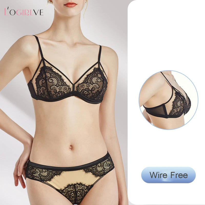 

Logirlve Sexy French Lace Embroidery Brassiere Lingerie Set Women's Underwear Set Push Up thin Wire free Bra and Panty Set