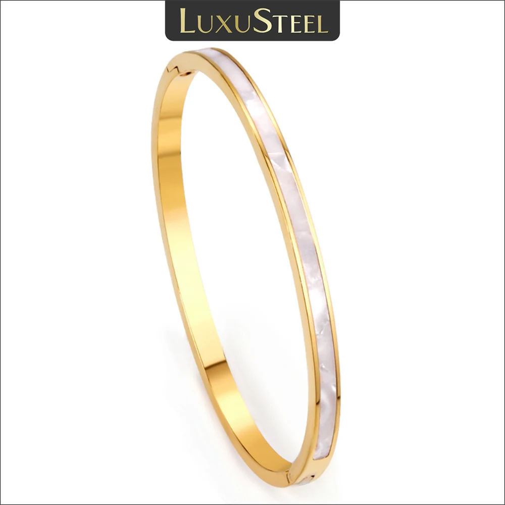 LUXUSTEEL Stainless Steel White Shell Bracelets For Women Girls Classic Golden Color Luxury Bangles Wedding Tarnish Free Jewelry