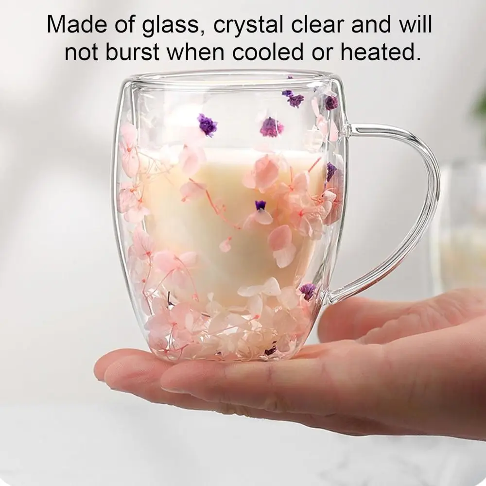 Elegante 350 ml getrocknete Blumen-Glastassen, verbrühungshemmend, mit Griff, doppelwandiger Glasbecher, transparenter Blumenbecher für Zuhause und Büro