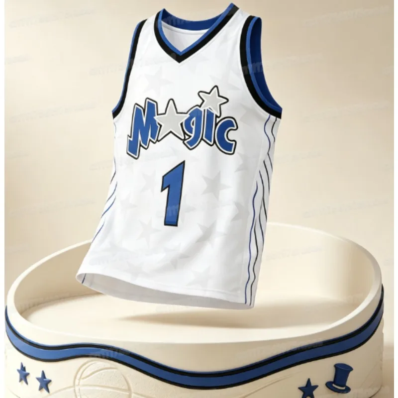 Vintage Orlando 1 Penny Hardaway Basketballanzug mit blauen und weißen Streifen, Retro-Sportbekleidung, lässige 3D-Weste, Familienstil – Detail 3