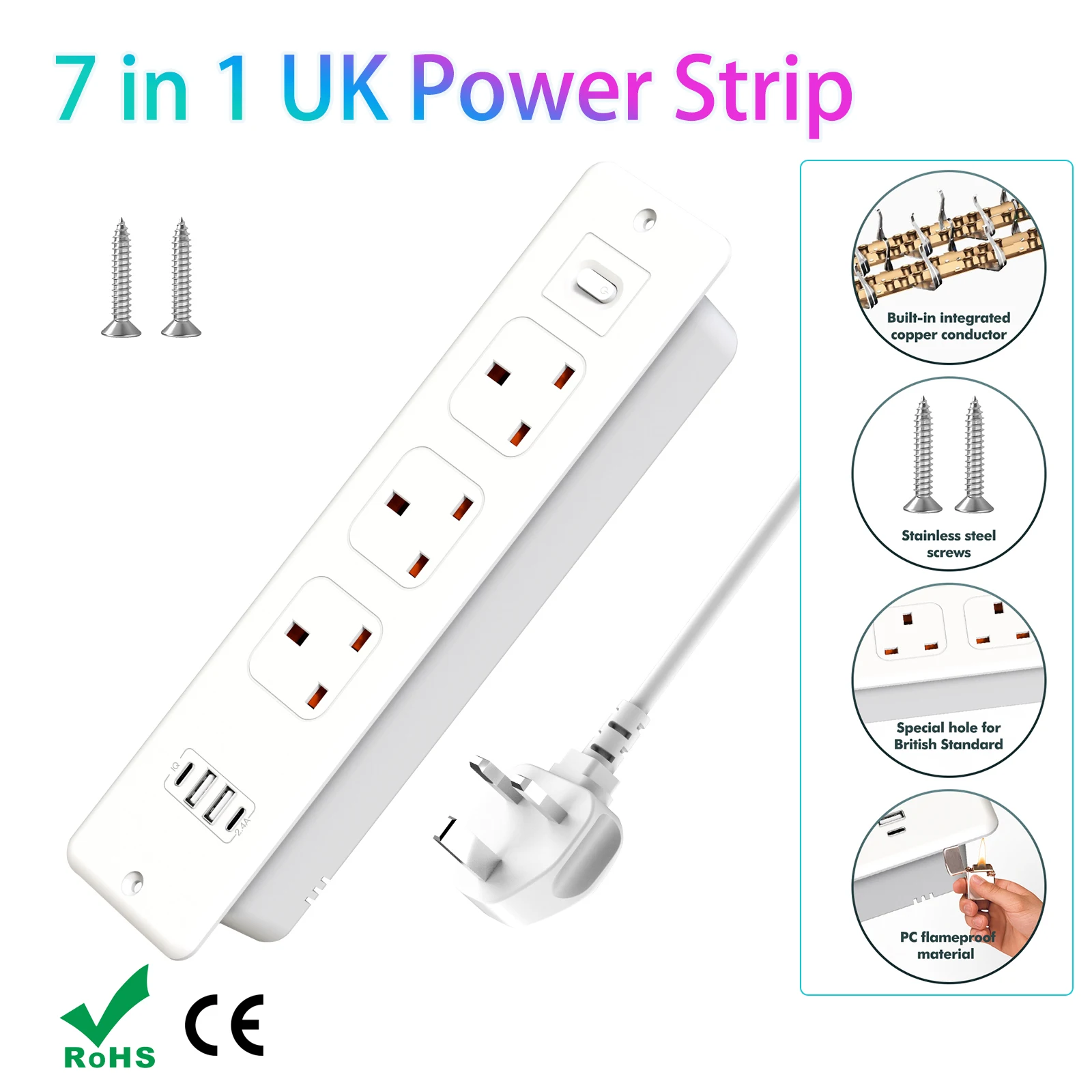 

Настольная встраиваемая розетка с британской вилкой и 2 розетками USB-A 2 TYPE-C 3 розетками для Великобритании. Встроенный удлинитель длиной 1,8 м. Кабель для мебели.