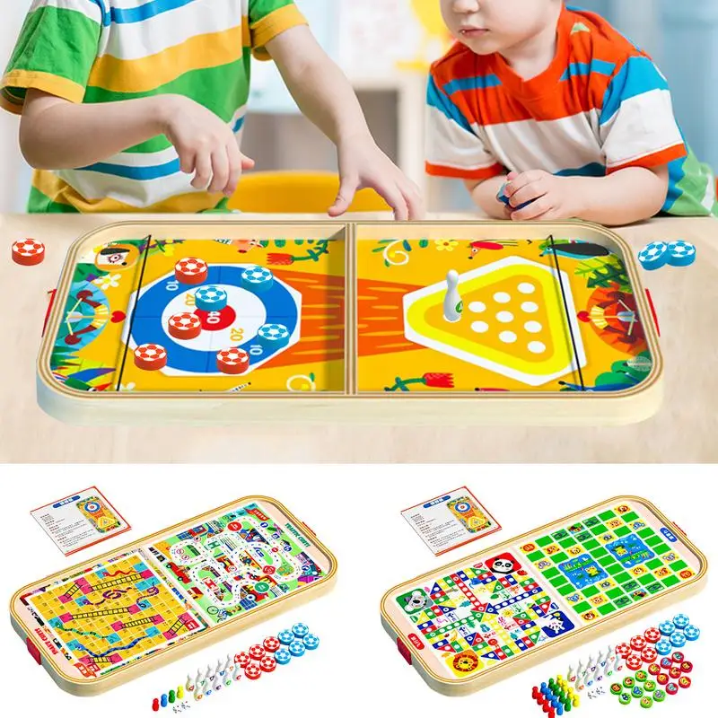 

Wooden Fast Sling Puck Board Game 5-in-1 Classic Family Night Portable Tabletop Travel Toy for School Road Trip Travel Camping