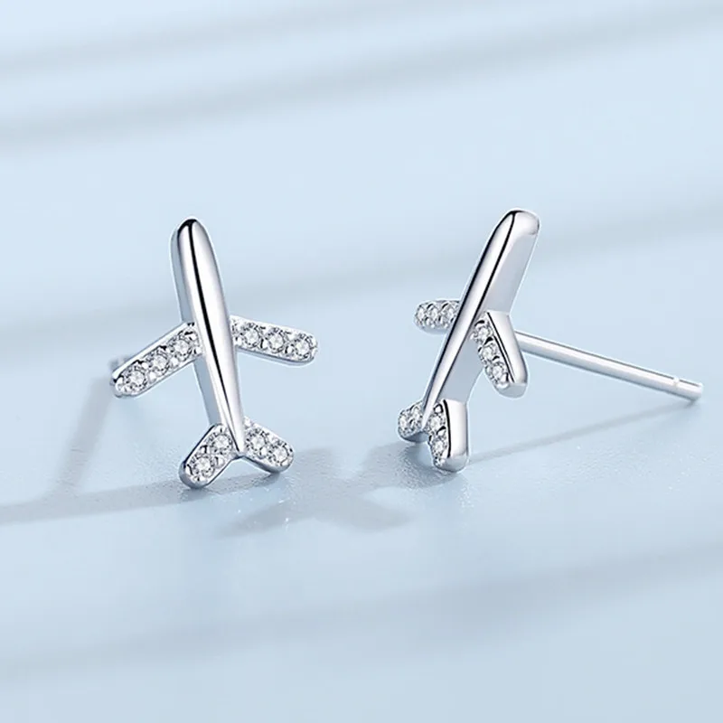 New Trendy 925 Sterling Silver Aircraft Cubic Zirconia Stud Earrings For Women Student Jewelry XE189