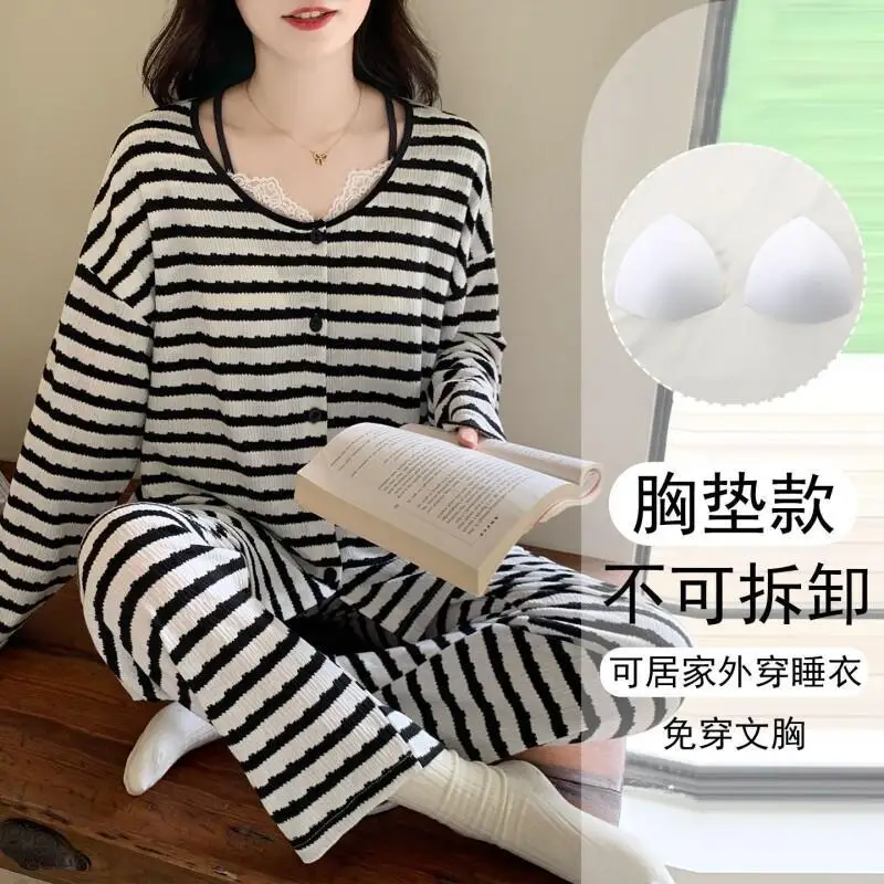 Primavera outono pijamas femininos versão coreana listra confortável pijamas mangas compridas terno solto conjunto de pijama cardigan homewear ﻿