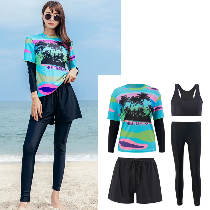 

Women's Four Piece Rash Guards Long Sleeve Bathing Suit Swim Shirt+Bra+Boyshorts+Leggings Full Body Rashguards Swimwear Sunsuits
