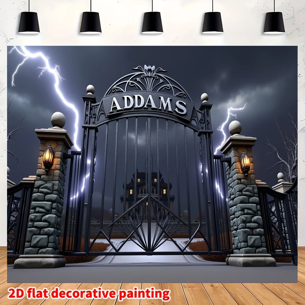 2D flaches 1-teiliges Halloween-Polyester-Hintergrundtuch – Adams Family Mansion Gate, geeignet für Halloween