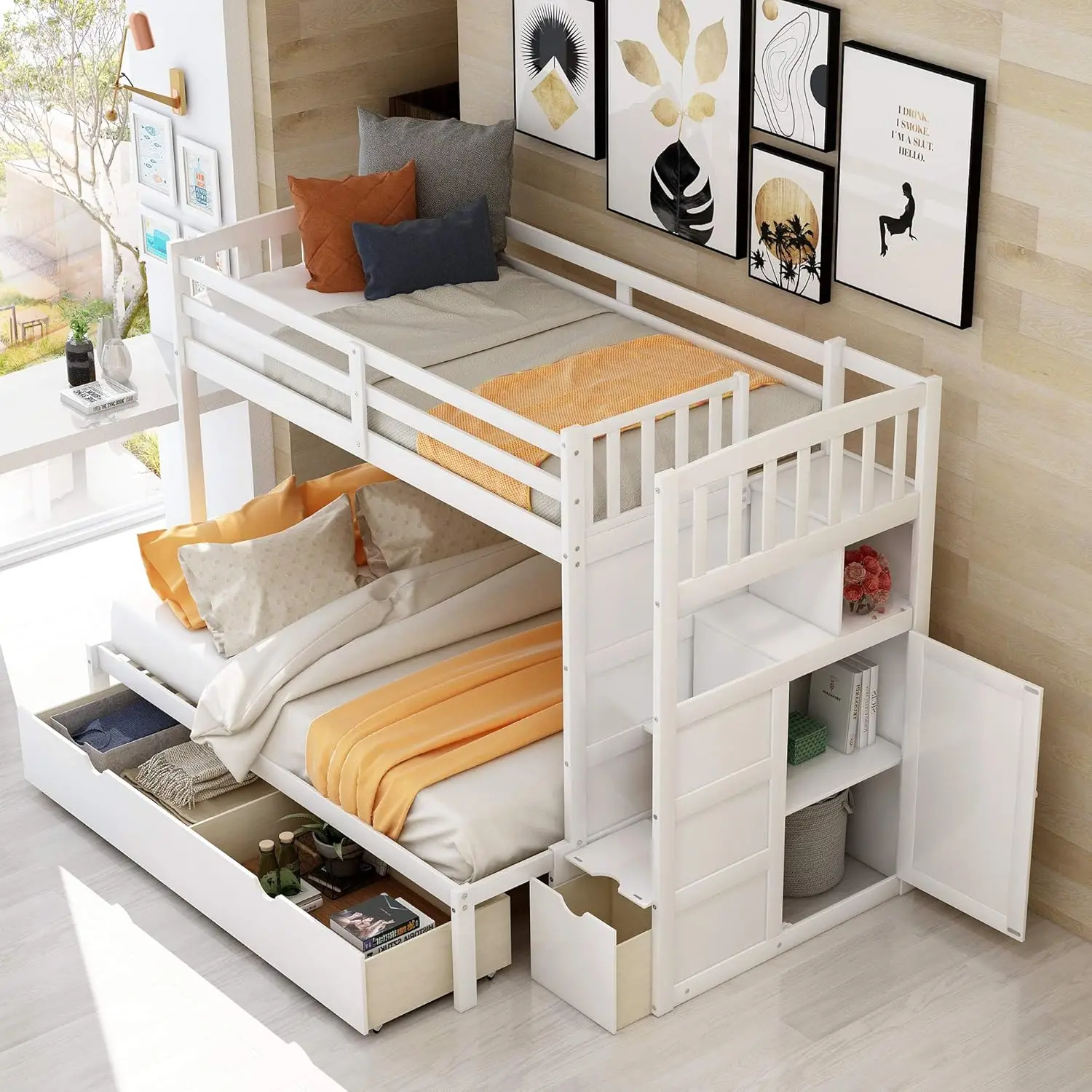 Harper & Bright Designs Twin Over Full/Twin Bunk Bed with 3 Drawers, 4 Storage and Cabinet Door, Twin-Over-Full Convertible
