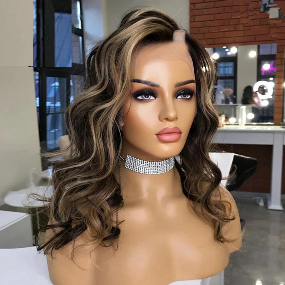 Highlight Brown Blonde 1x4 V Part Wig With Clips 100% Human Hair for Women Middle Opening U Shaped Body Wave Short Bob Hair