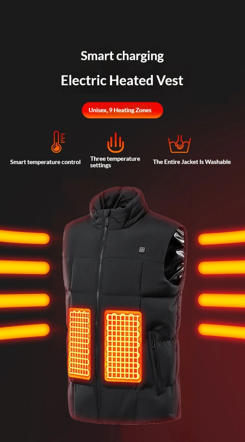 Unisex 9 Heating Zones Electric Heated Vest Stand Collar Zip Up Sleeveless Gilet Loose Fit Winter Outdoor Thermal Warm Body Warm