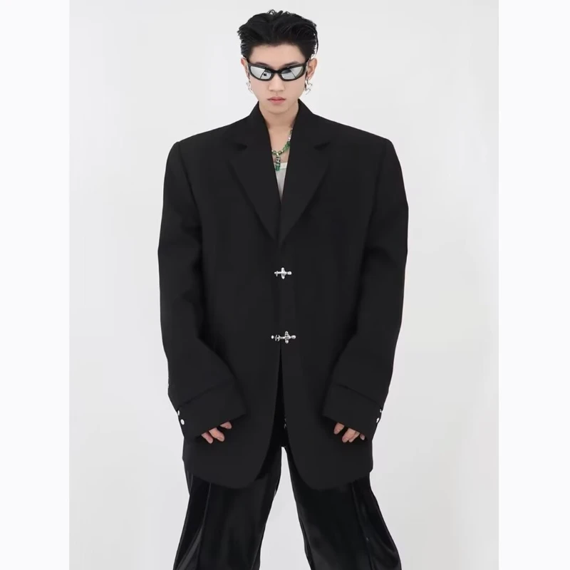 Oversized High Street Mens Suit 2024 Spring New Hip Hop Trendy V-neck Jacket Metal Buckle Wide Shoulders Casual Coats Male