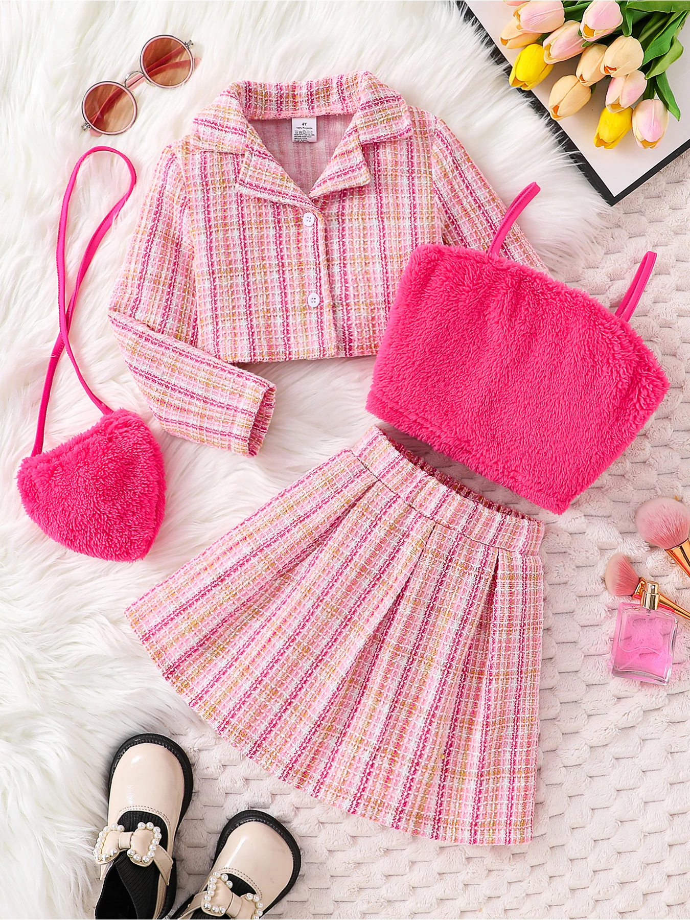 

Весенне-осенний Модный комплект для девочек, розовый клетчатый воротник, рубашка с длинным рукавом + модная клетчатая юбка, Модный комплект из 3 предметов