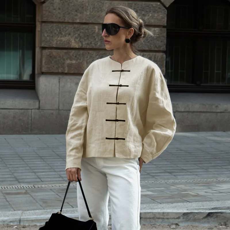 

Spring and Summer New Chinese-style Button-up Cardigan Top, Cross-border European and American Loose, Retro and Elegant Shirt