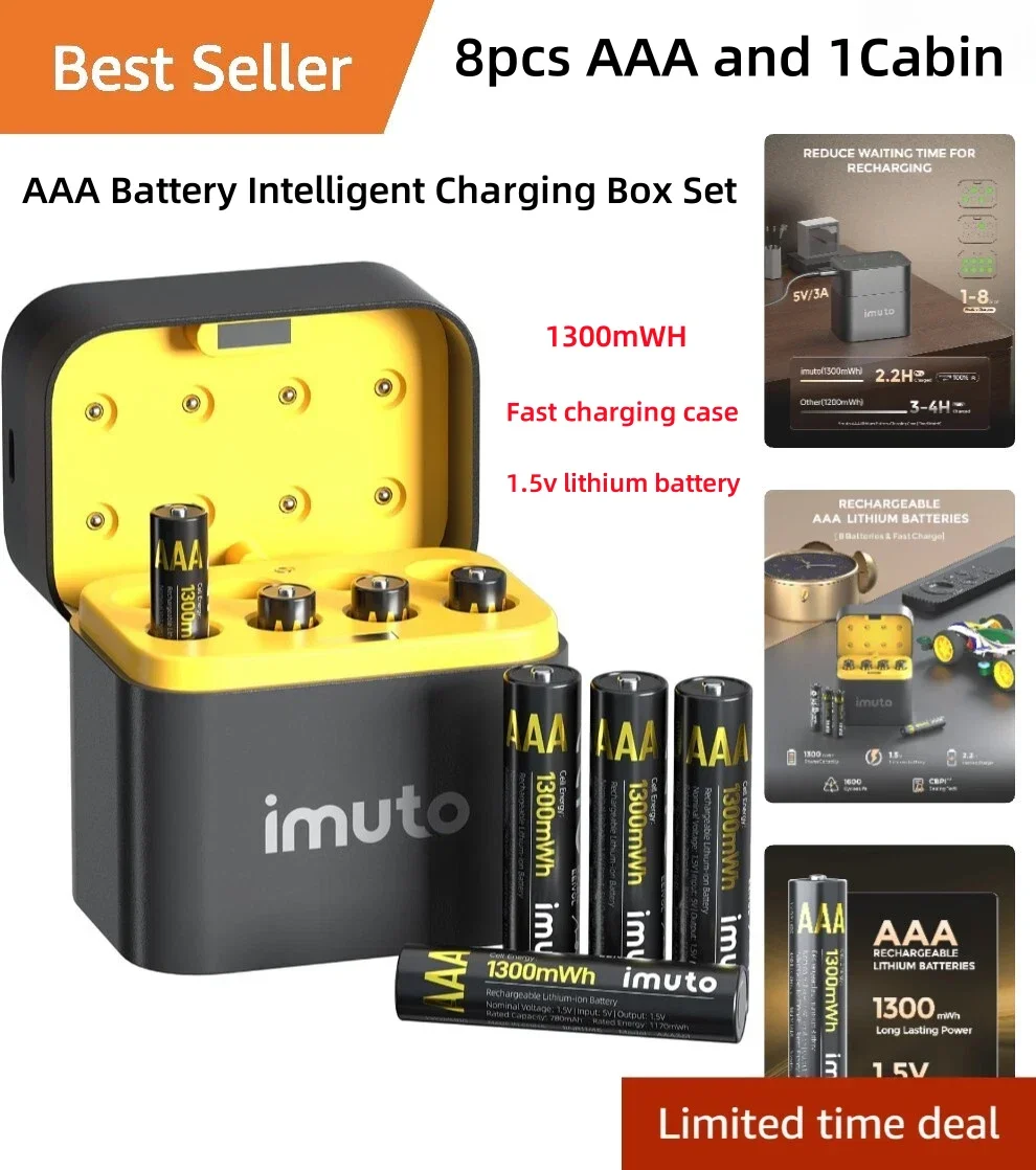 8-Slot Fast Charger for 1.5V Rechargeable Lithium-Ion AAA Batteries, 1300mWh Capacity, Independent Slot Design