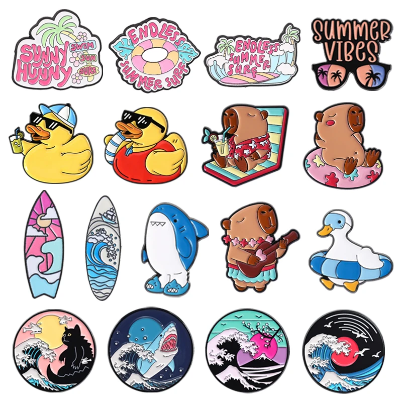 Sommer Strandurlaub Emaille-Pins: Niedliche Ente, Hai, Schwimmring, Surfbrett, Ukiyo-e Welle, Berg Fuji Broschen, Anstecknadeln, Schmuckgeschenk