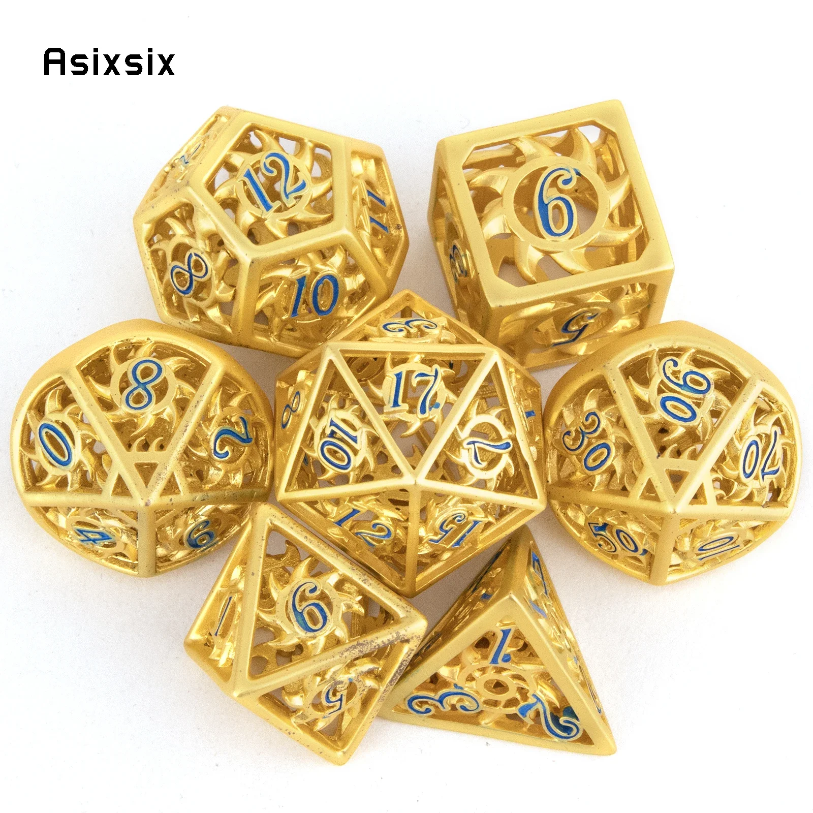 

7 Pcs Golden Blue Rotary Cyclone Metal Dice Hollow Metal Polyhedral Dice Set Suitable for Role-Playing RPG Board Game Card Game