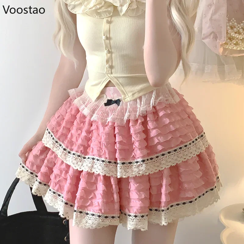 Japanese Sweet Lolita Mini Skirt Women Vintage Kawaii Y2k Bow Lace Ruffles Party Fairy Short Skirts Korean Elegant Cake Skirt