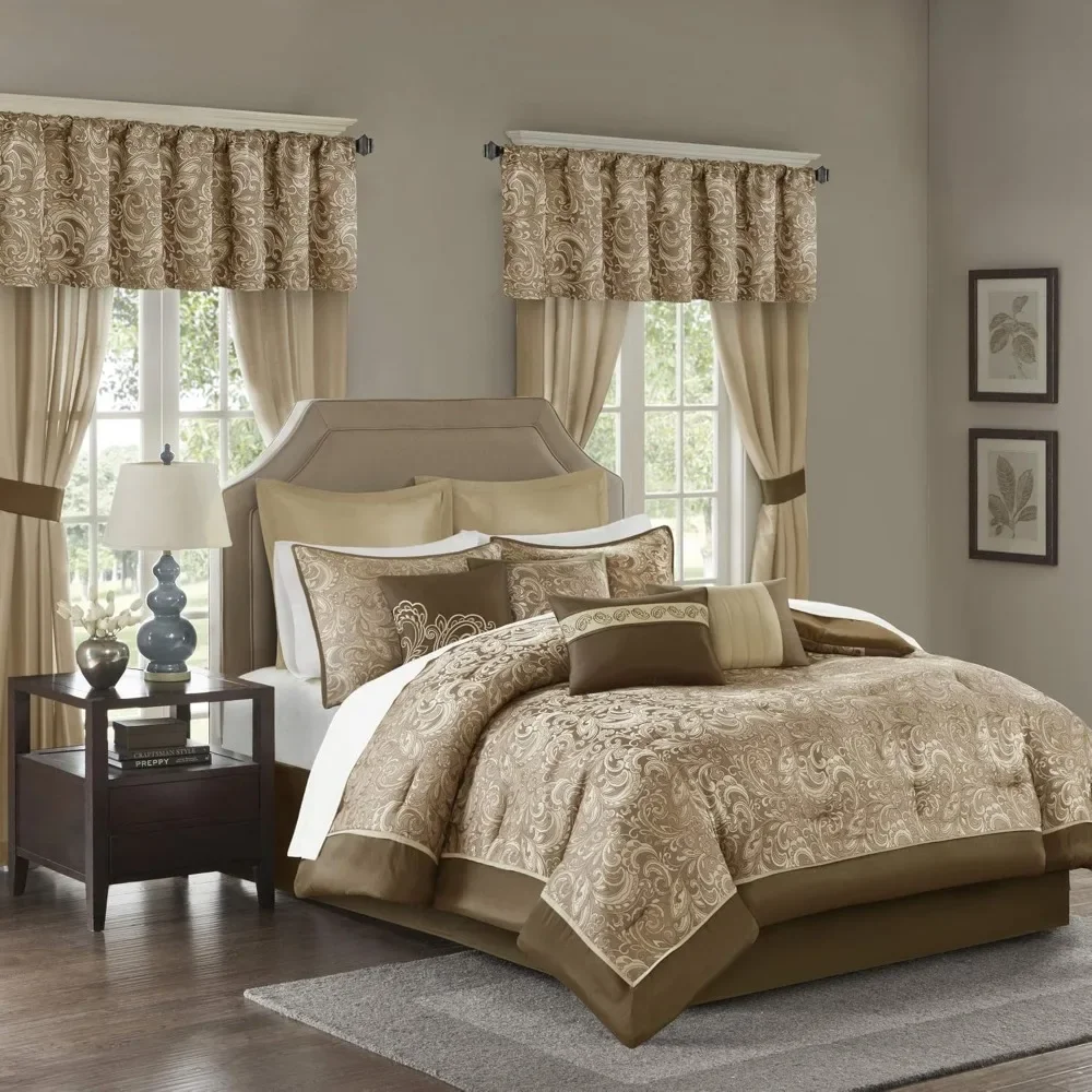 

Sheets Set Faux Silk Comforter Jacquard Paisley Design Matching Curtains Down Alternative Hypoallergenic All Season, Bed Cover
