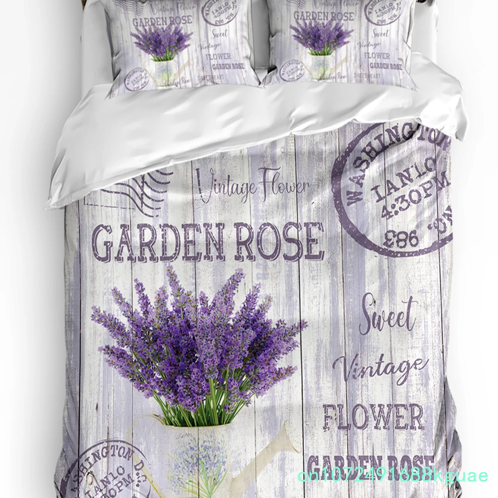 Flower Lavender Kettle Vintage Postcard Wood Duvet Cover With Pillow Case 3pcs Bedding Set Quilt Cover Double Bed Home Textile