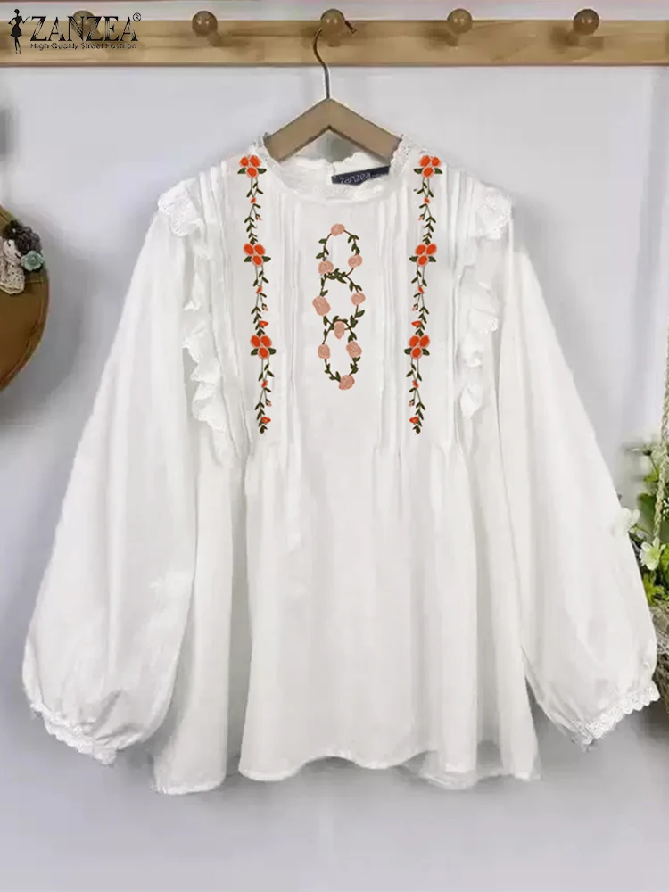 

2025 ZANZEA Elegant Long Sleeve Work Shirts Women Embroidery Blouse Spring Autumn Flounce Blusas Vintage Holiday Tops Tunic