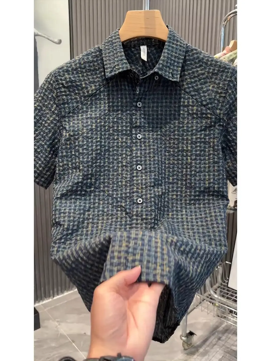Black Bubble Sun Protection Shirt Men's Lightweight Summer Thin Grid American Retro Five-Sleeve Breathable Casual Style Shirt