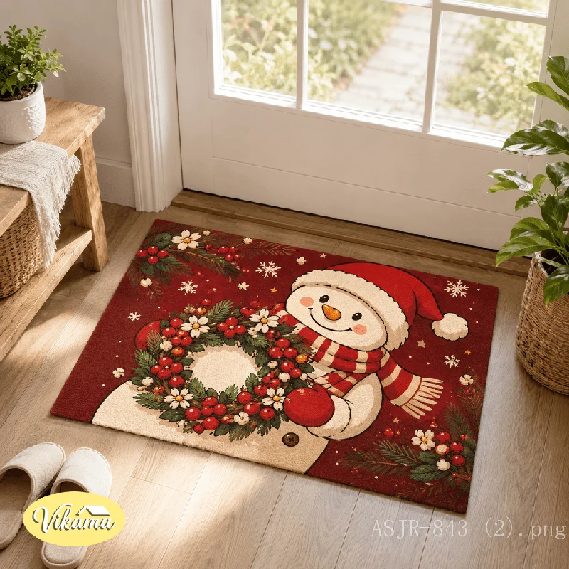 VIKAMA Christmas Snowman Wreath Doormat—Noise-Reducing, Non-Slip Bathroom and Toilet Mat, Entryway and Foyer Rug, Home Decor