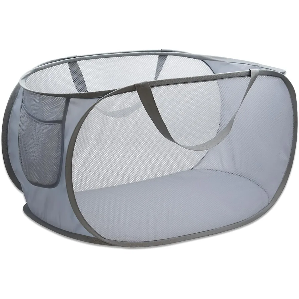 سلة غسيل منبثقة، سلال أفقية قابلة للطي مع مقابض وجيب جانبي، شبكة قوية قابلة للطي لغرفة الغسيل والحمام