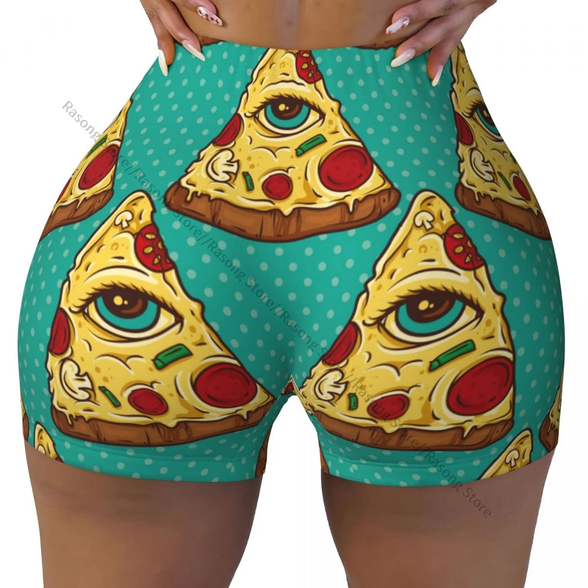 Shorts de ioga para mulheres, olho que tudo vê, fatia pizza, shorts de treino, fitness, secagem rápida, ginásio ioga feminino com calças curtas, roupas esportivas