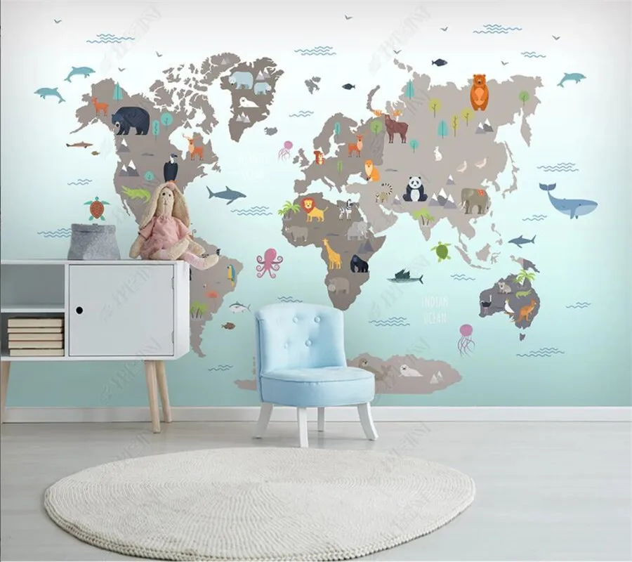 

Cartoon animal map background wall custom wallpaper photo wall waterproof mural